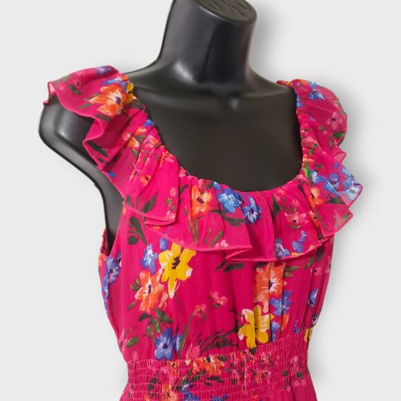 Old Navy Womens Pink Floral Chiffon Ruffle Maxi Dress Tiered Cottage Summer XS - Picture 4 of 14